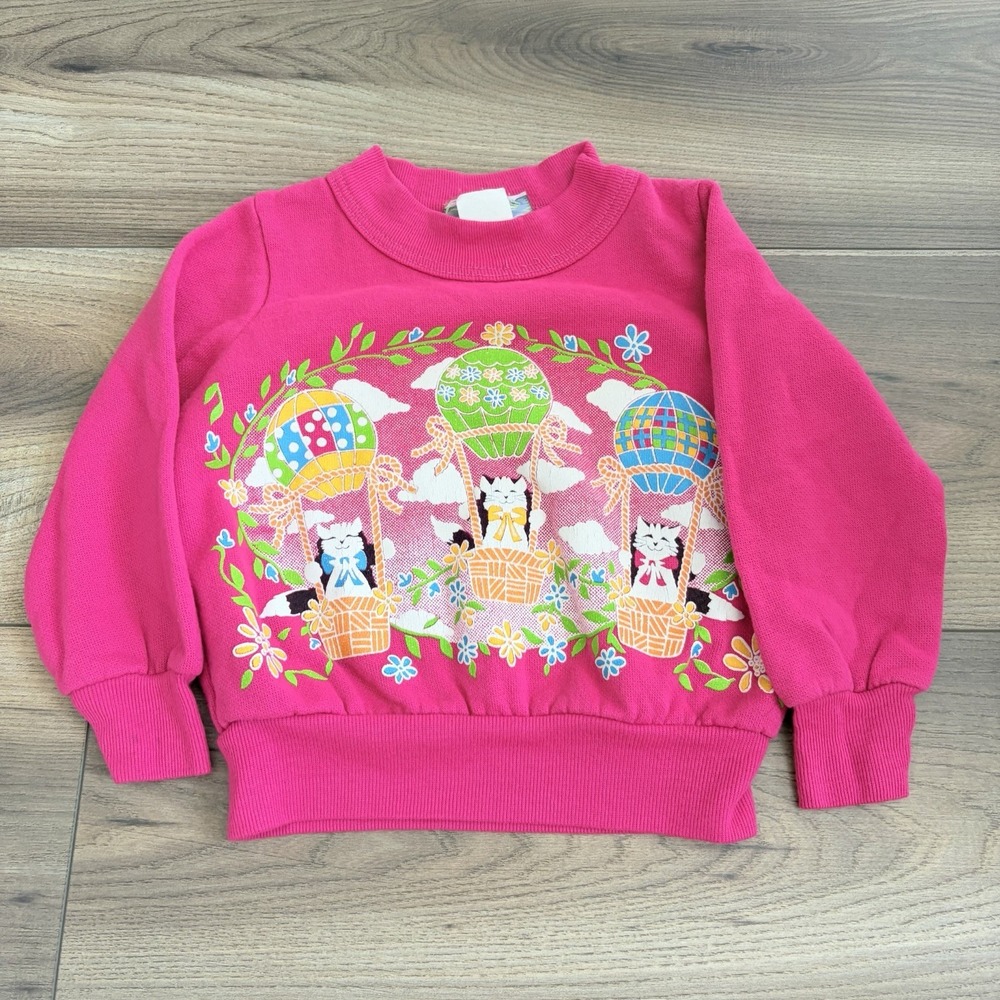 Vintage 80s 90s Smuffins Sweatshirt Pink Cats On Hot Air Balloons 3T